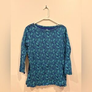 Lands End Blue Floral 3/4 Sleeve Boatneck Shirt Size M